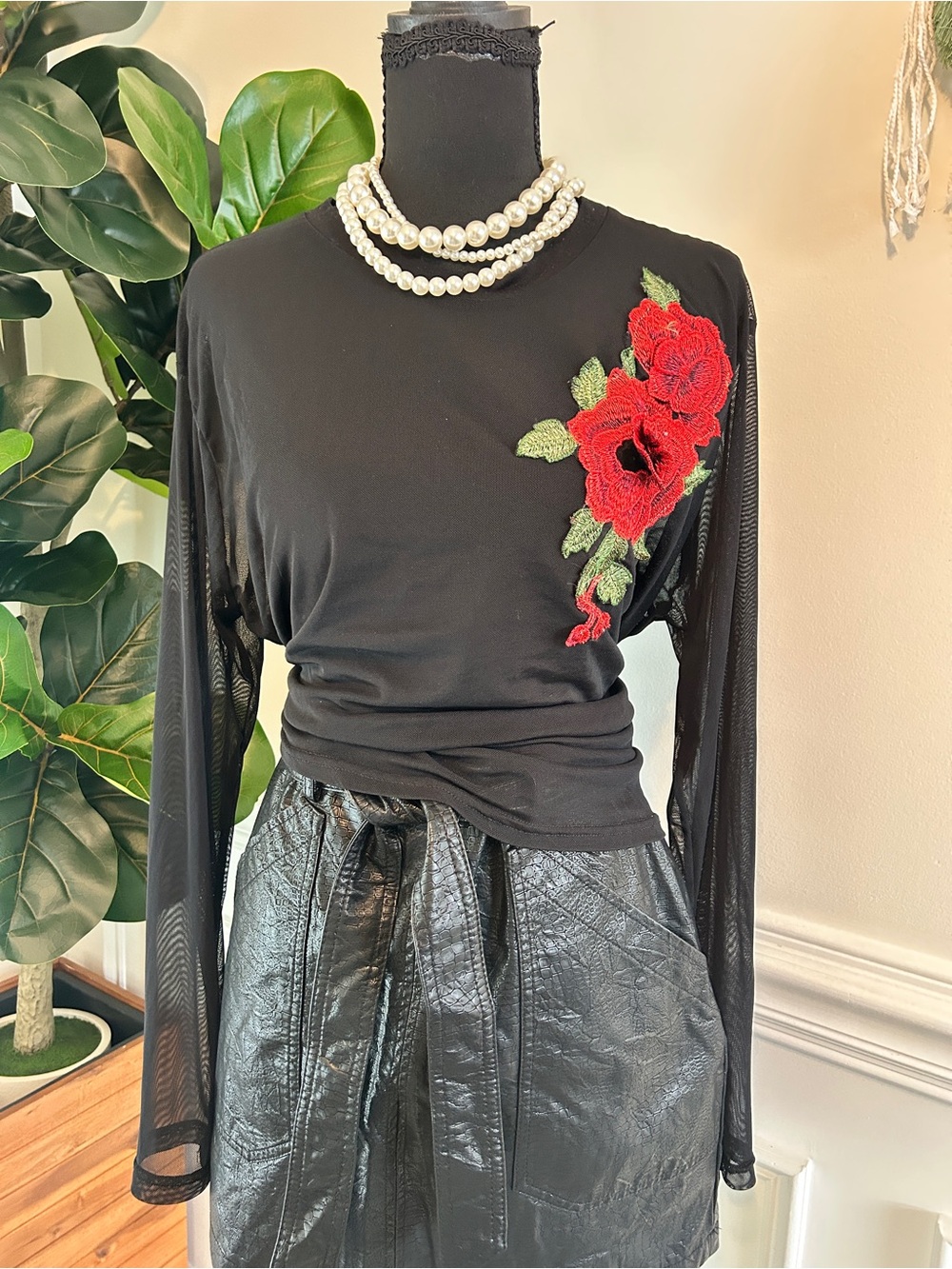 Rue 21 Black Long-Sleeve Top with Red Rose Appliqué